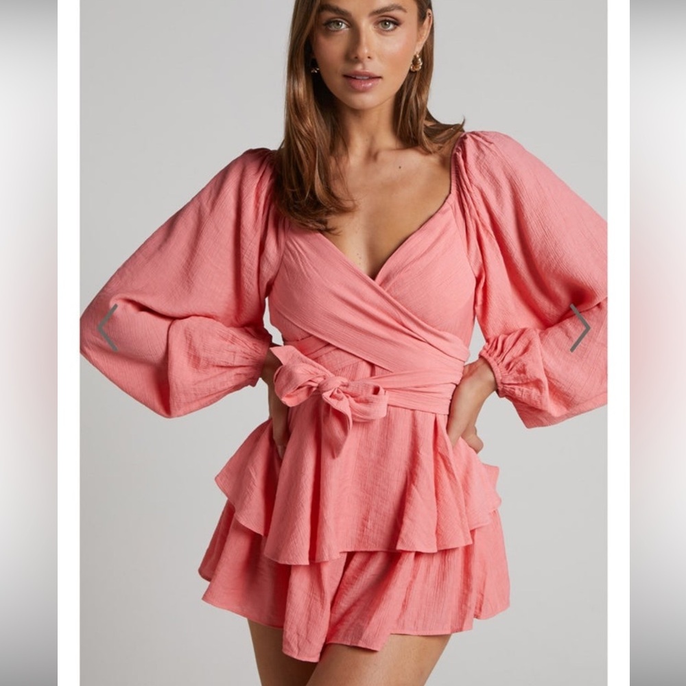 Showpo Pink Puff Sleeve Wrap romper